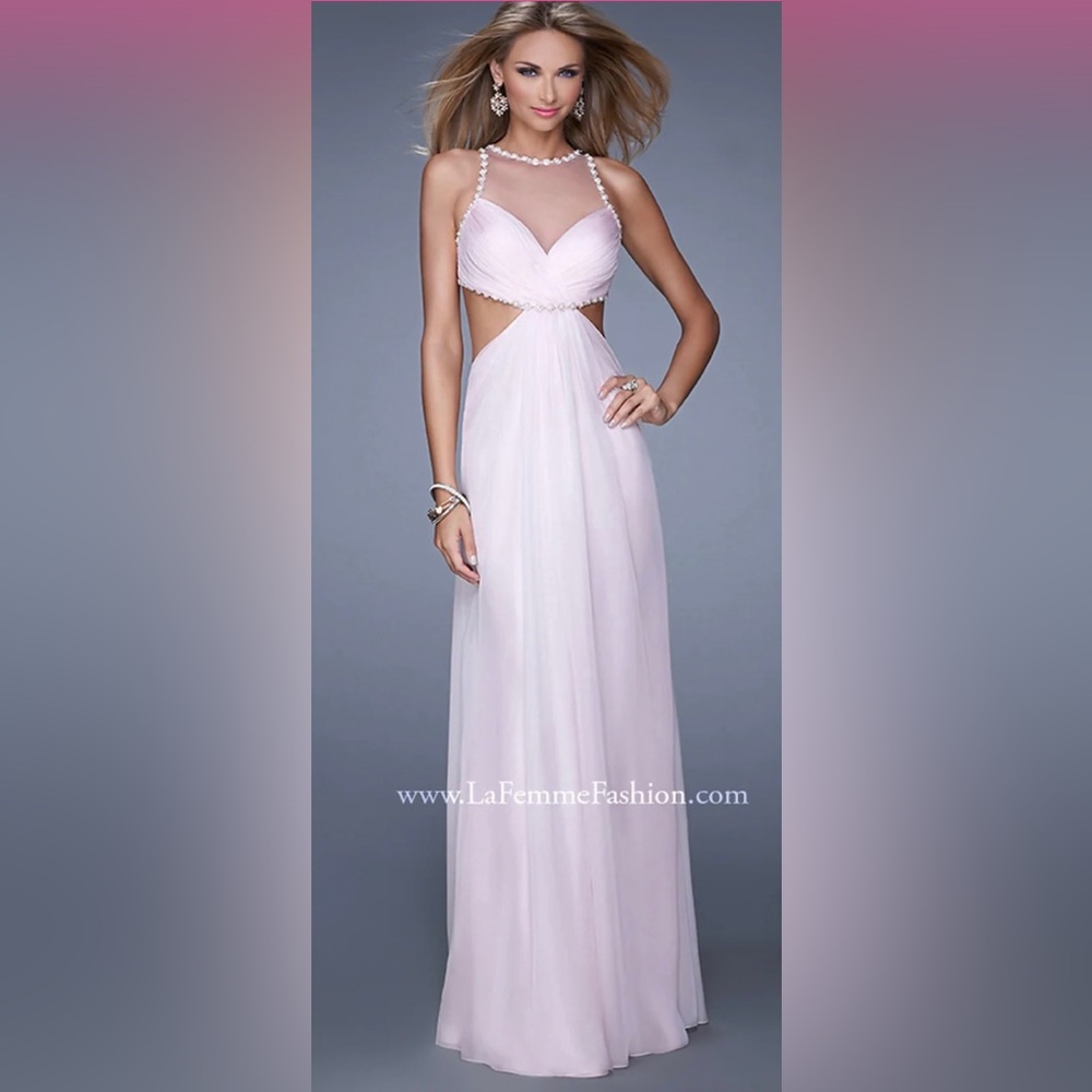 NWT Light Pink High-Neck Long La Femme Prom Dress with Cut Outs Size 2 LF-21090